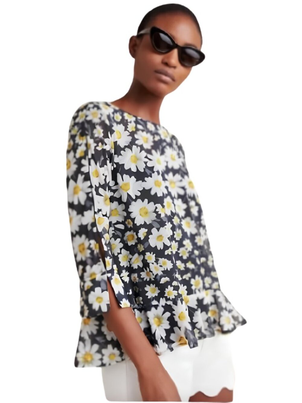 Anthropologie Eva Franco Daisy Print Mesh Peplum Top M Coquette Whimsical Garden